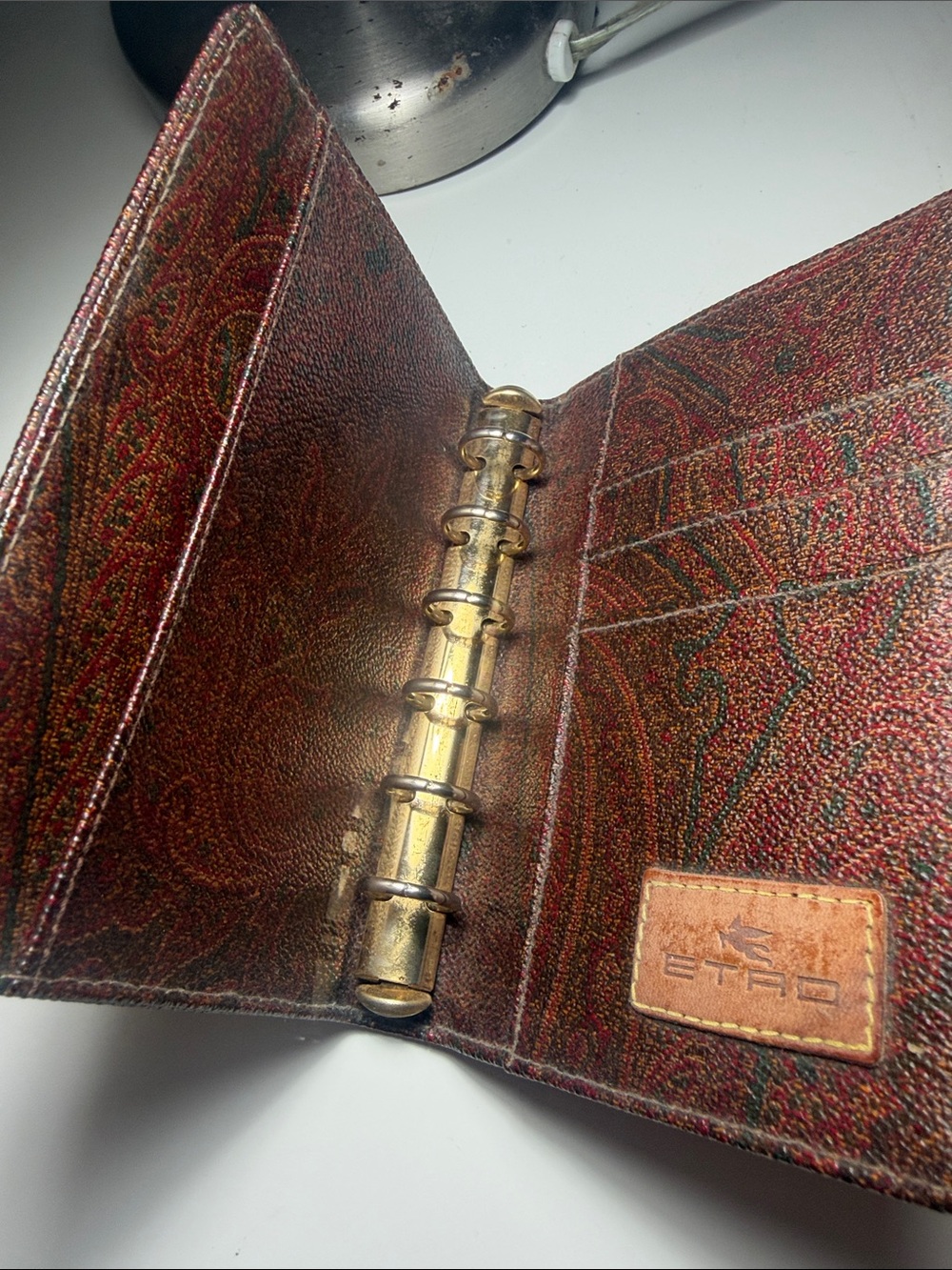 Etro Brown and Red Paisley Leather Ring-Binder Card Holder